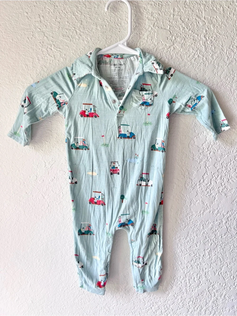 Angel Dear Teal Bamboo Golf Cart Print Collared Romper Sz 6-12M